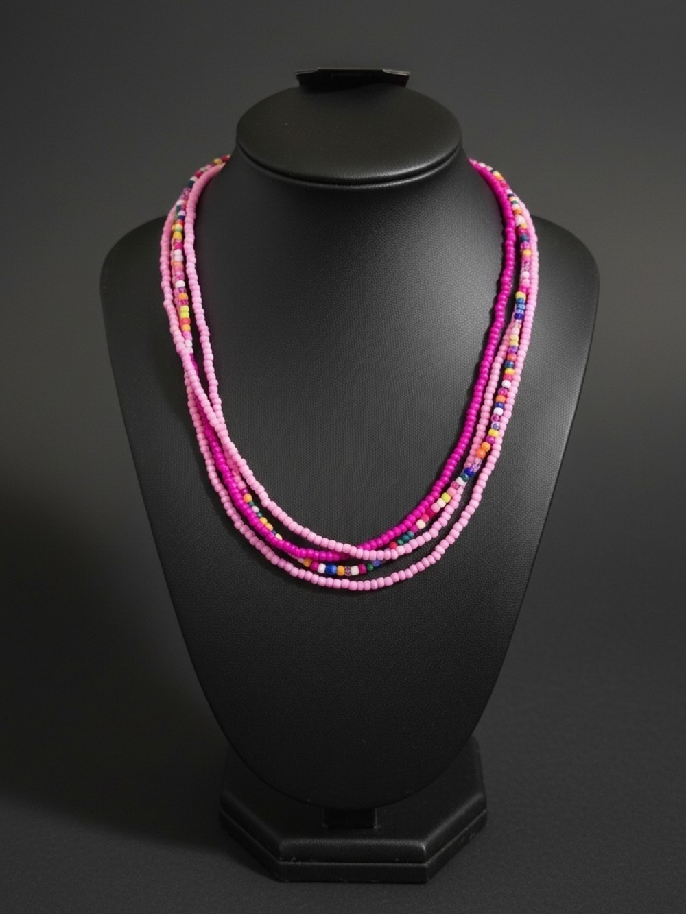 Layered Pink Seed Bead Necklace with Multicolor Accents